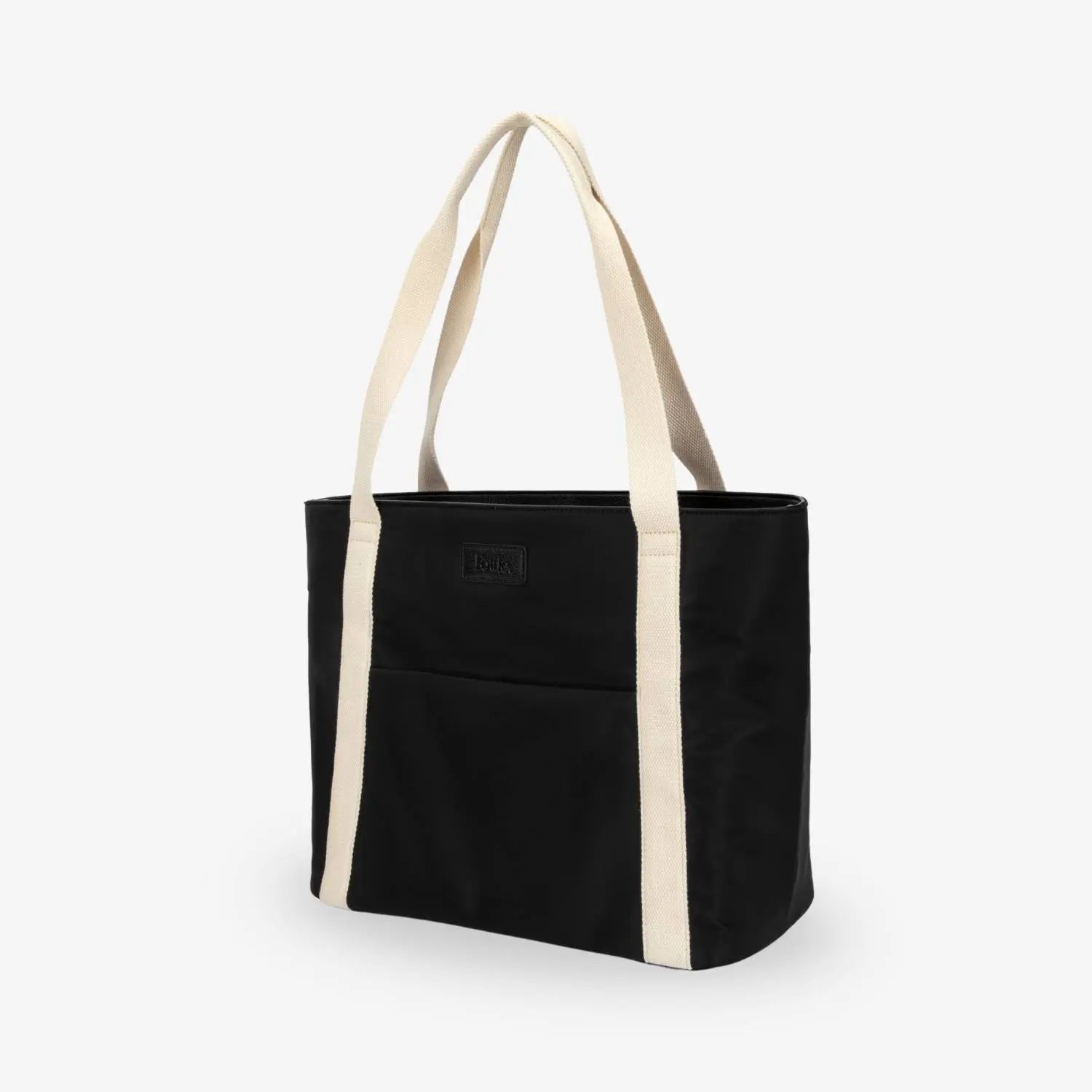 Front angle of black nylon tote bag with cream strap on white background – minimalist and functional.