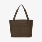 Straight-on front image of brown nylon tote bag with WDHTFT logo on cream strap against white background