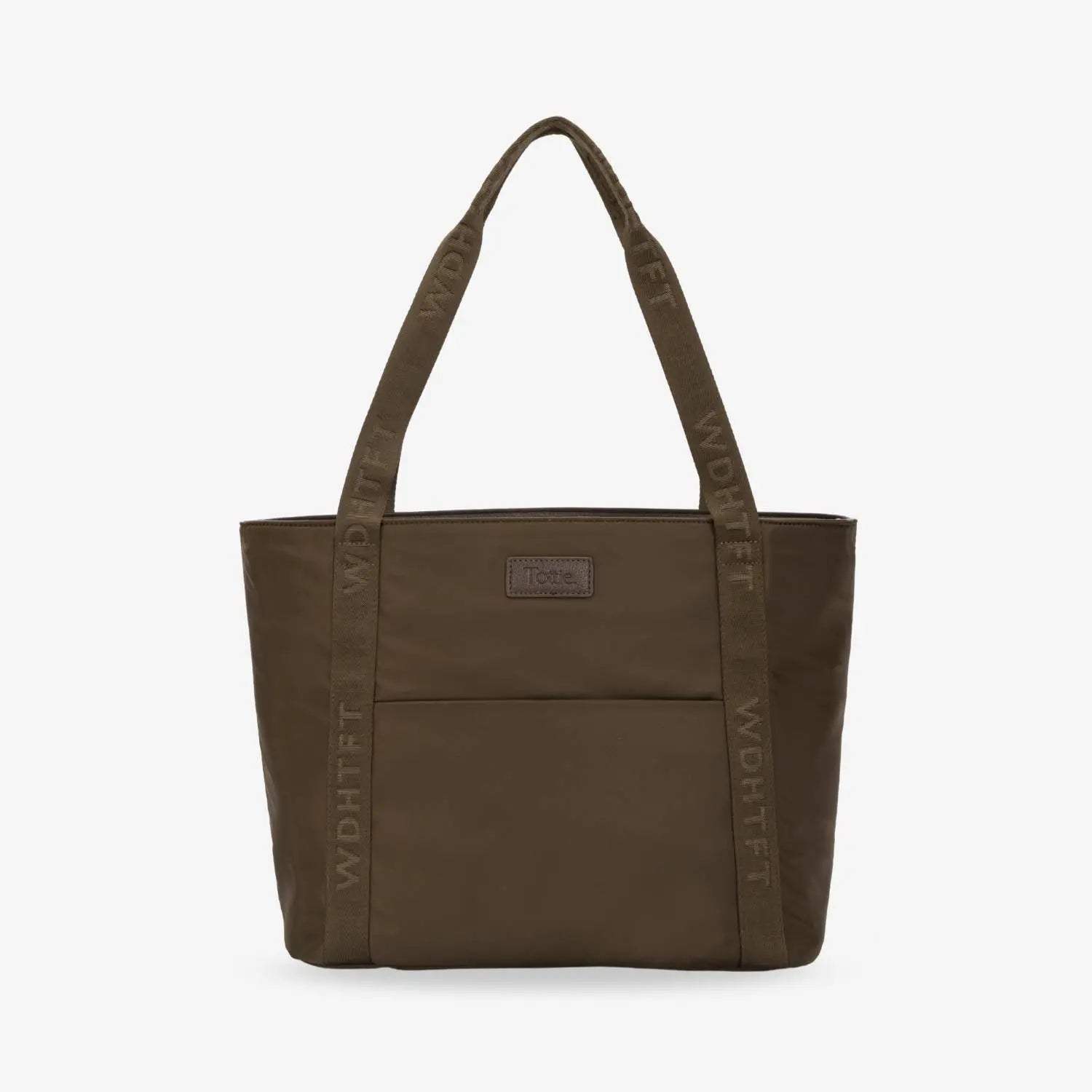 Straight-on front image of brown nylon tote bag with WDHTFT logo on cream strap against white background