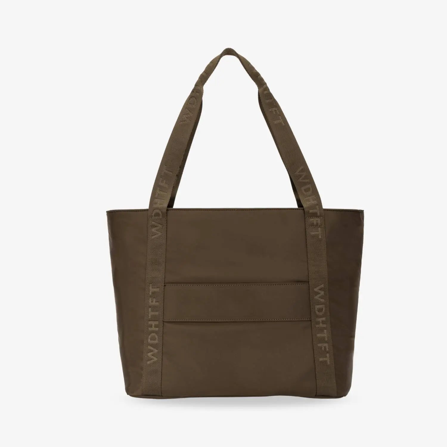 Brown nylon tote bag with WDHTFT logo featured on strap, shown from front on white backdrop.