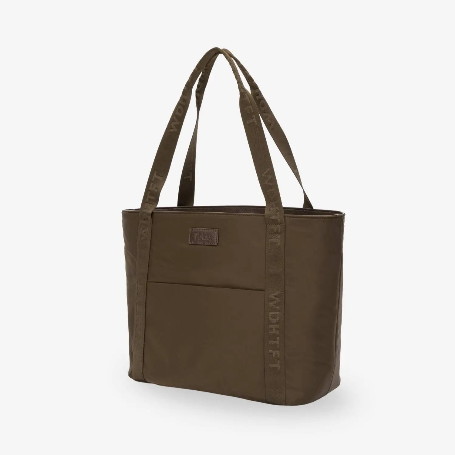 Brown nylon tote bag angled side view on white backdrop – minimalist and modern design.