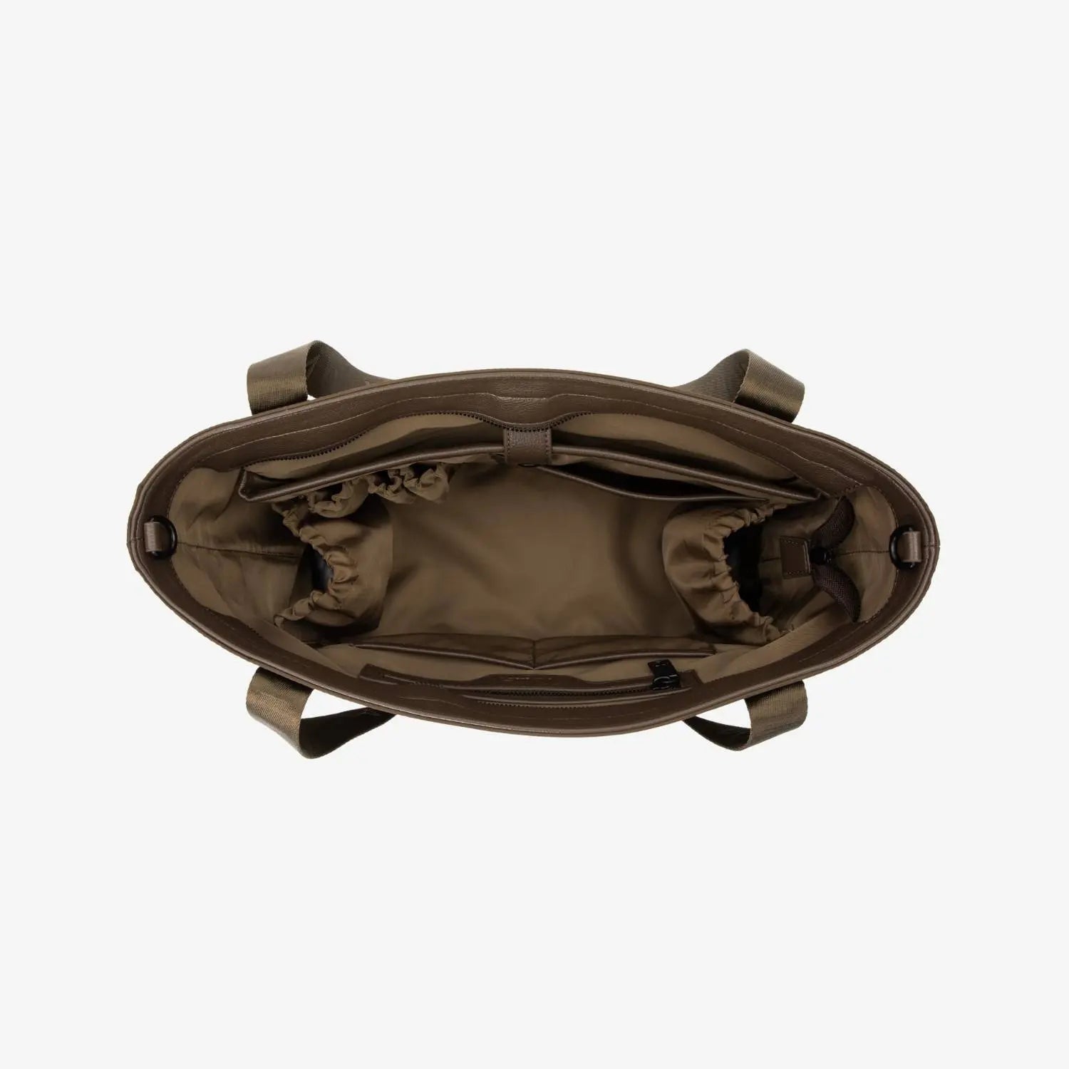 Brown nylon tote bag photographed from above with open top, revealing organised inner layout on white backdrop