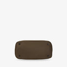 Bottom view of brown nylon tote bag on white background, showing base structure and stitching