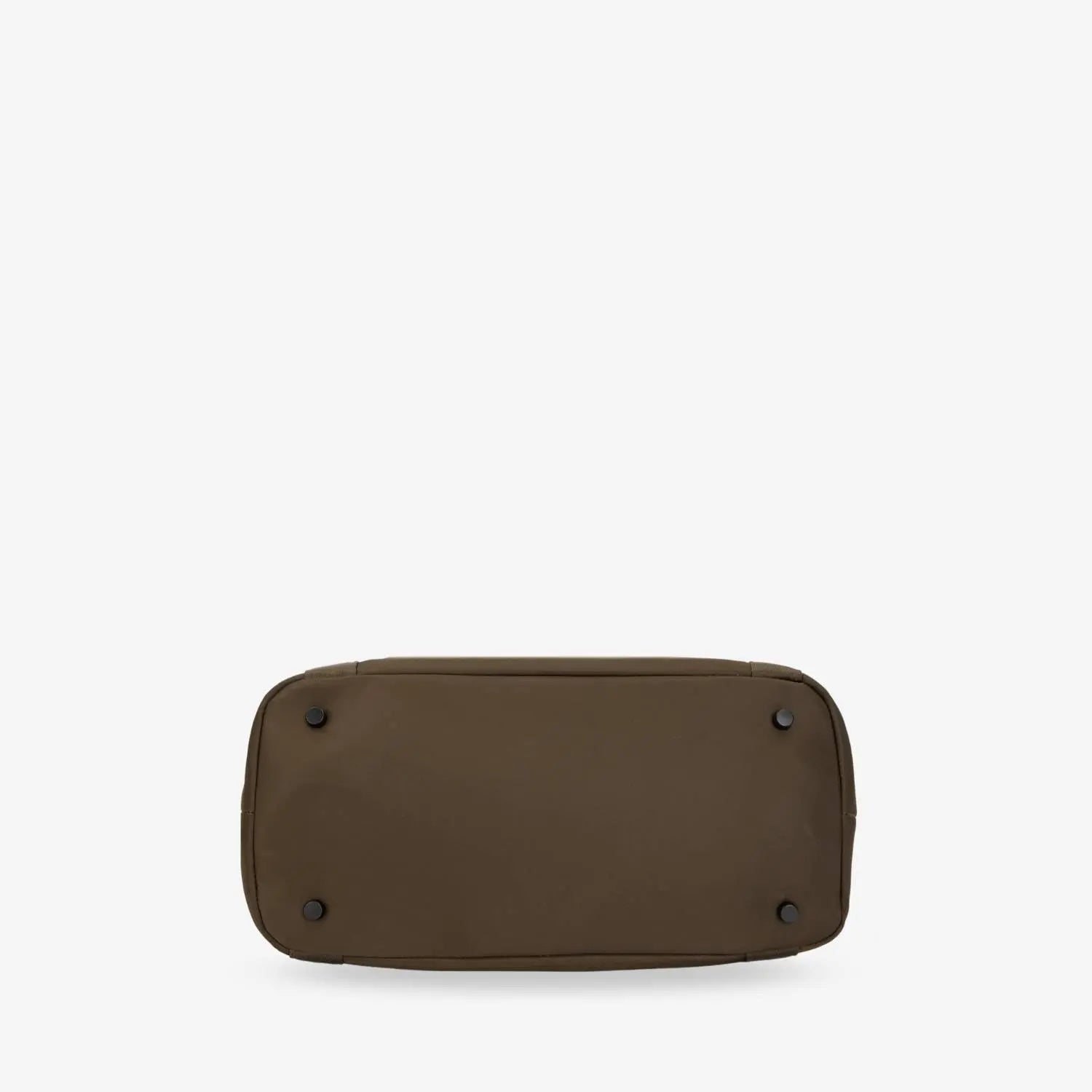 Bottom view of brown nylon tote bag on white background, showing base structure and stitching