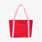 Front view of red nylon tote bag with pink strap featuring embossed WDHTFT branding on white background