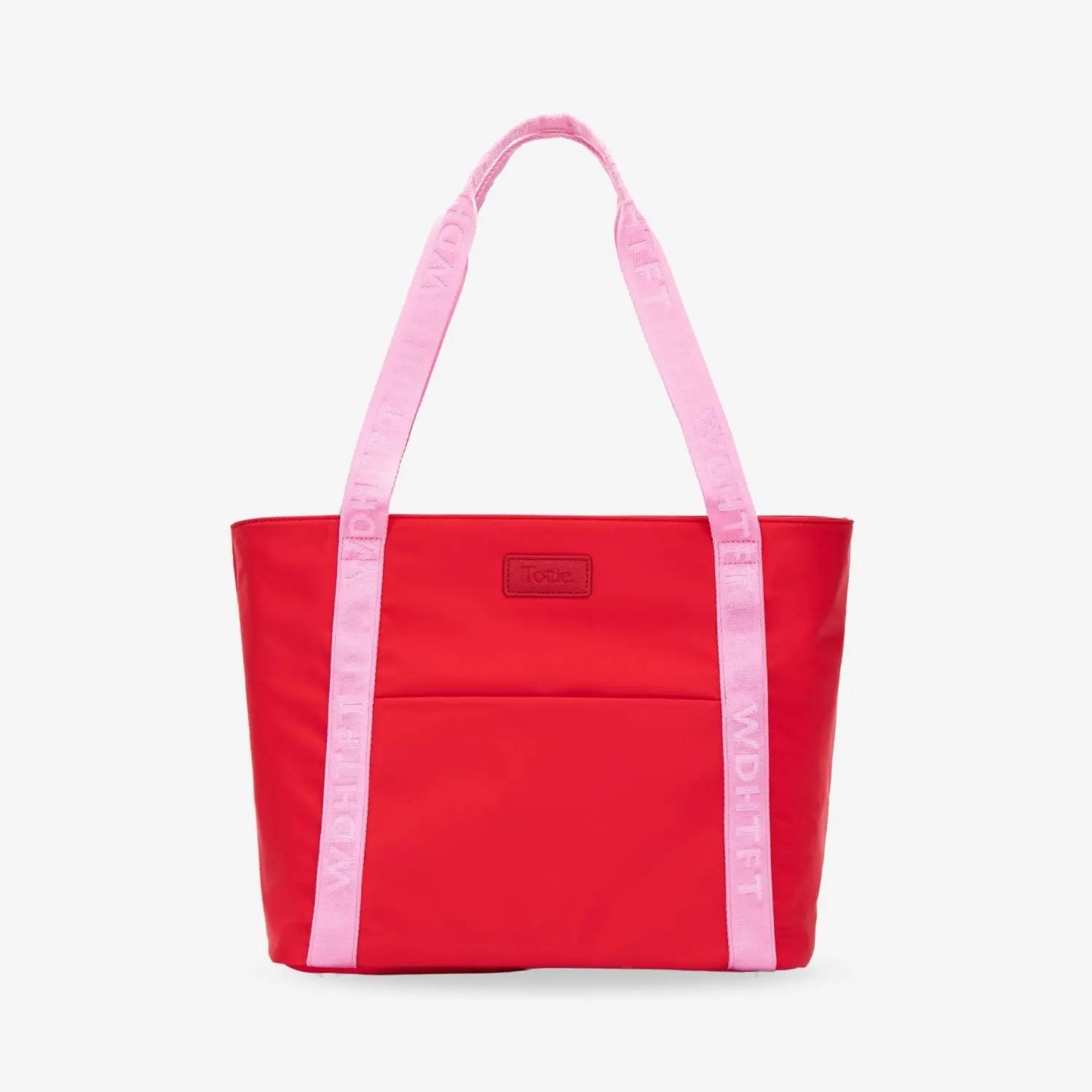 Front view of red nylon tote bag with pink strap featuring embossed WDHTFT branding on white background