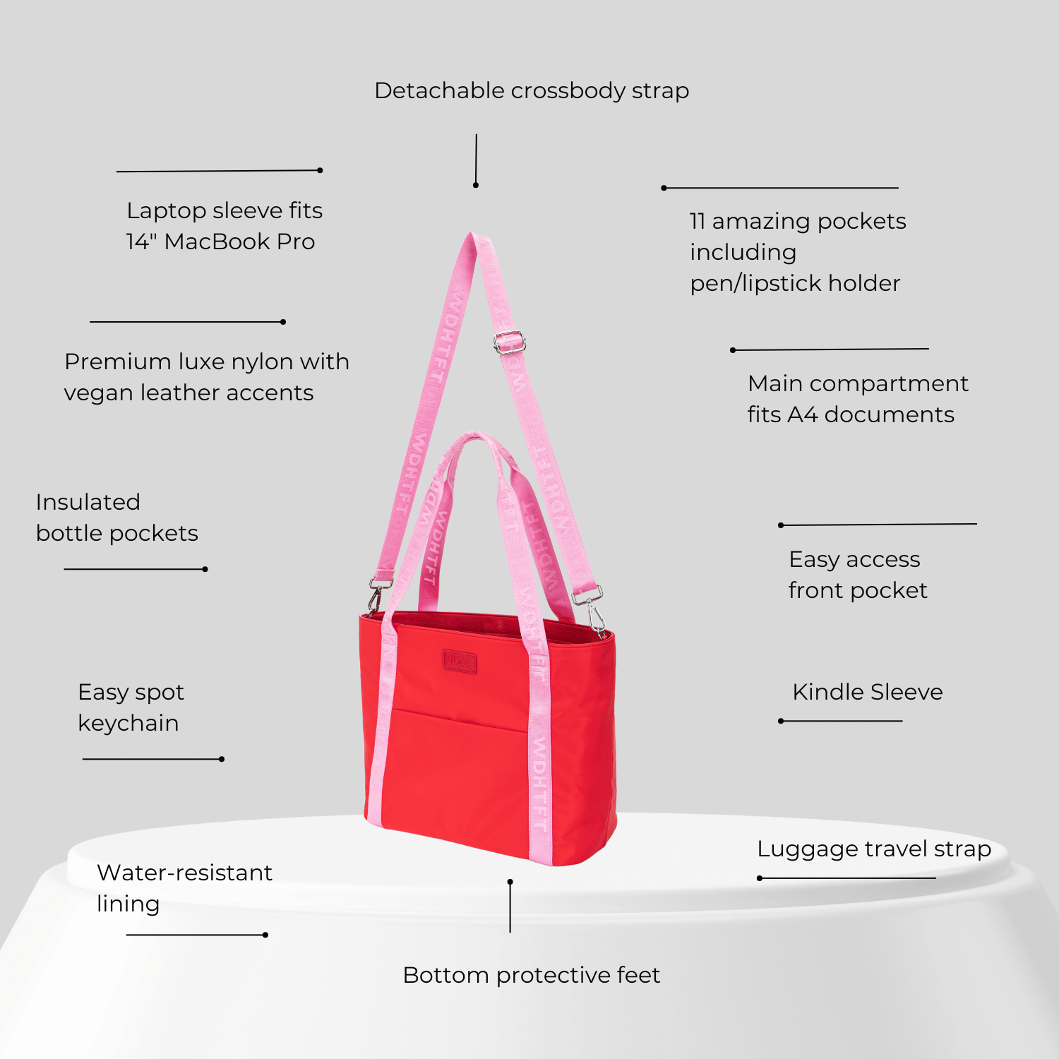 Red nylon tote bag with pink accents and features listed on a gray background