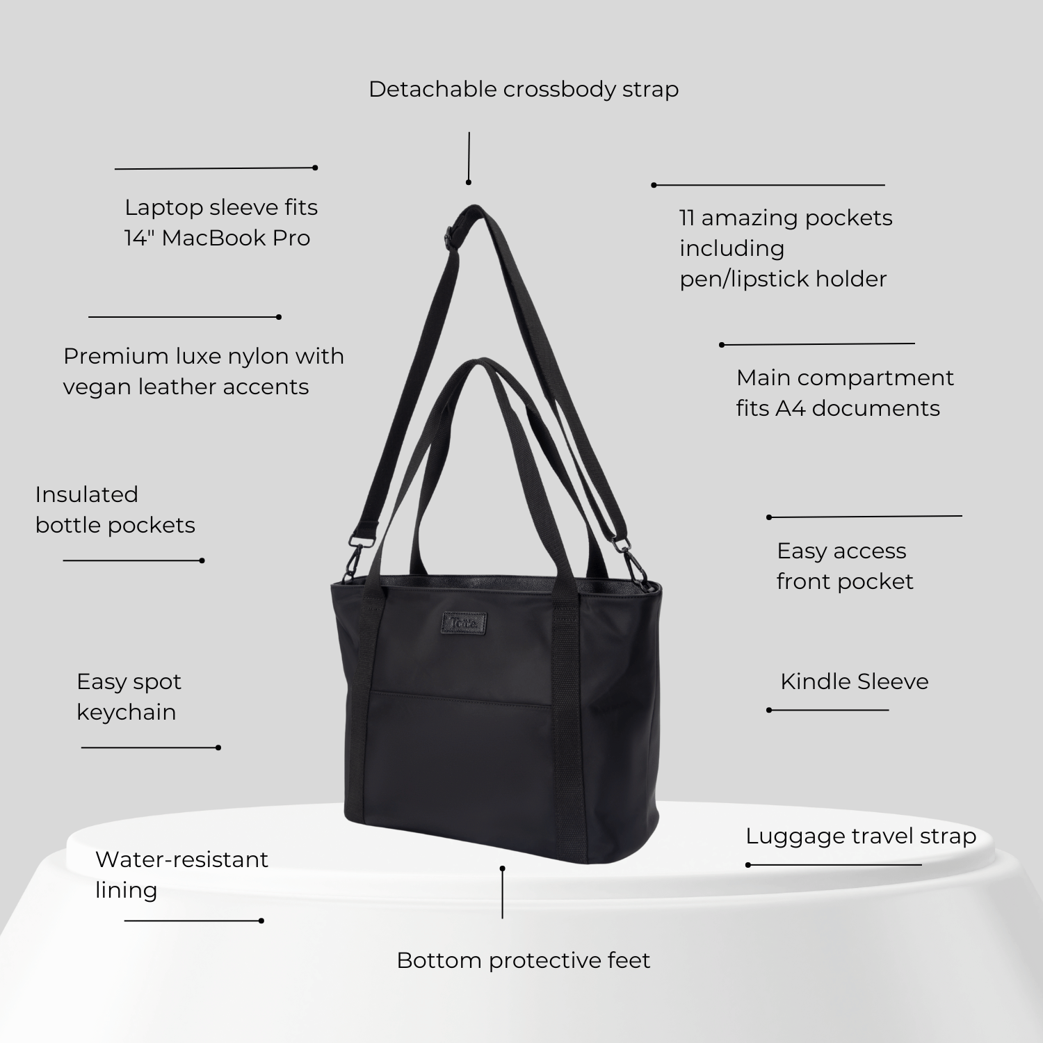 Black nylon tote bag as laptop bag with features listed on a gray background