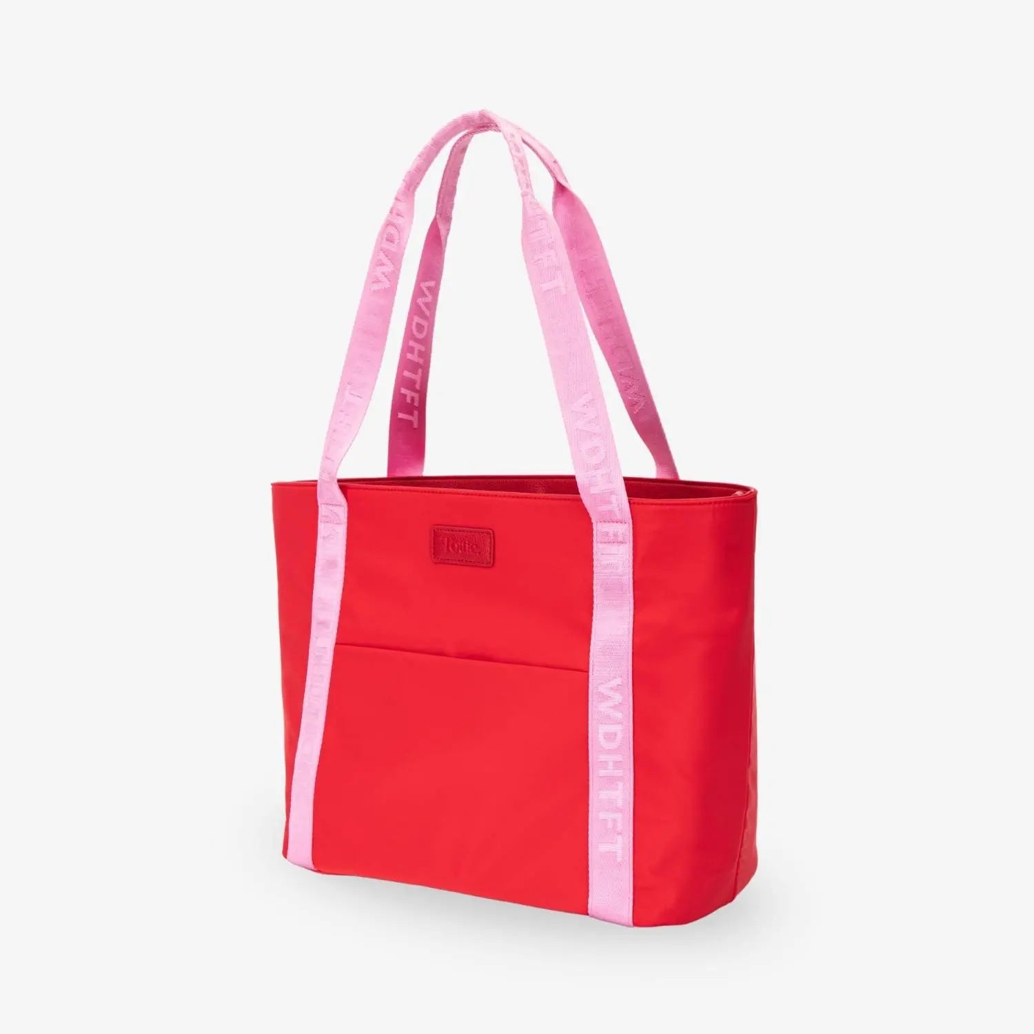 Red nylon tote bag shown from a slight side angle with pink WDHTFT-embossed strap on white backdrop.