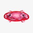 Red nylon tote bag with open top viewed from above, showing pink strap embossed with WDHTFT on white background.