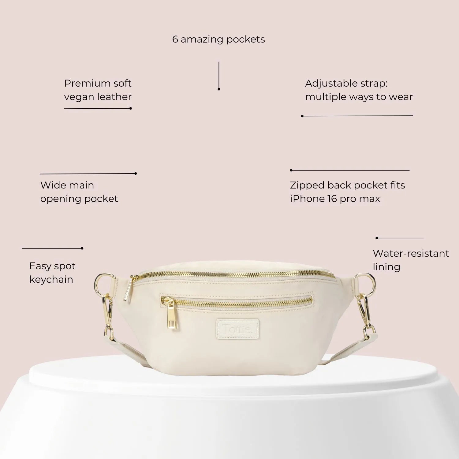 Benefits breakdown of a cream nylon bum bag with gold hardware, featuring belt bag and waist bag versatility.