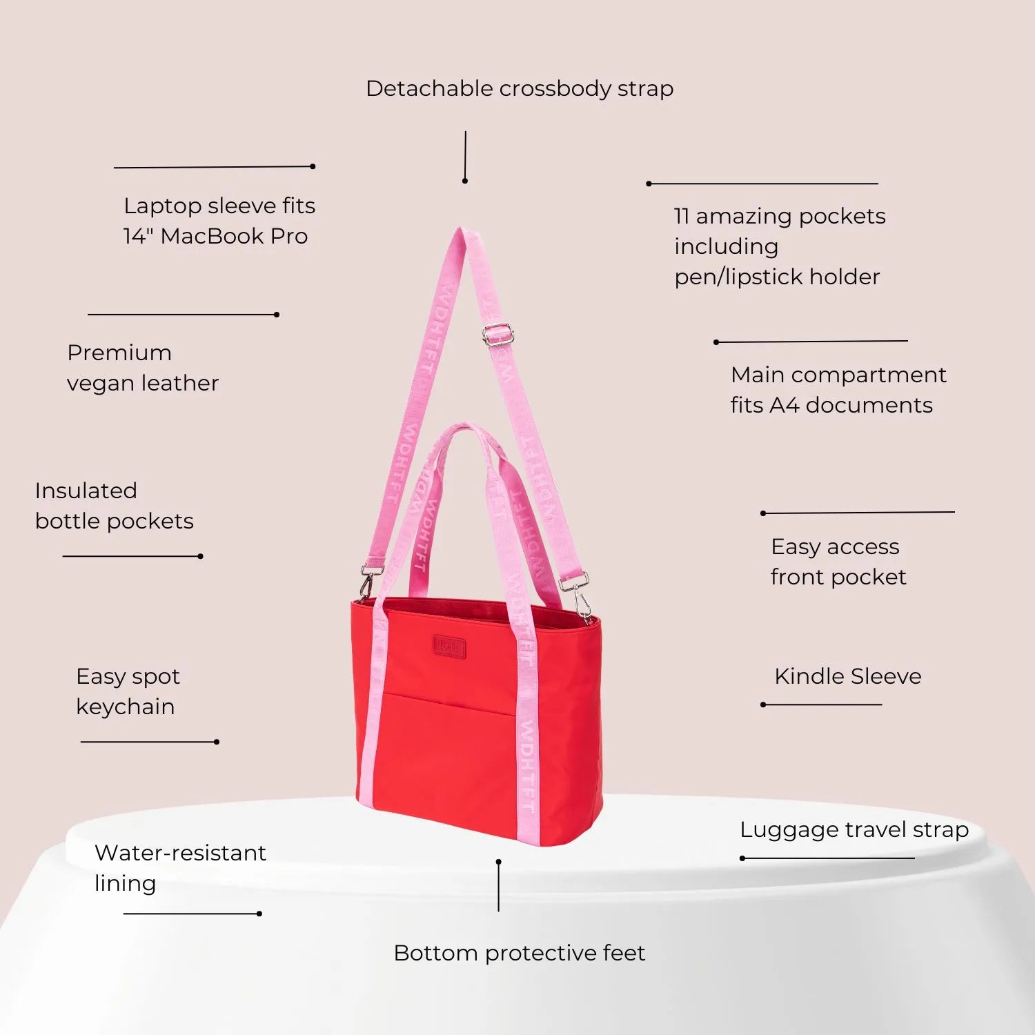 Red nylon tote bag with pink strap shown in benefits chart – spacious, lightweight, and perfect for everyday use