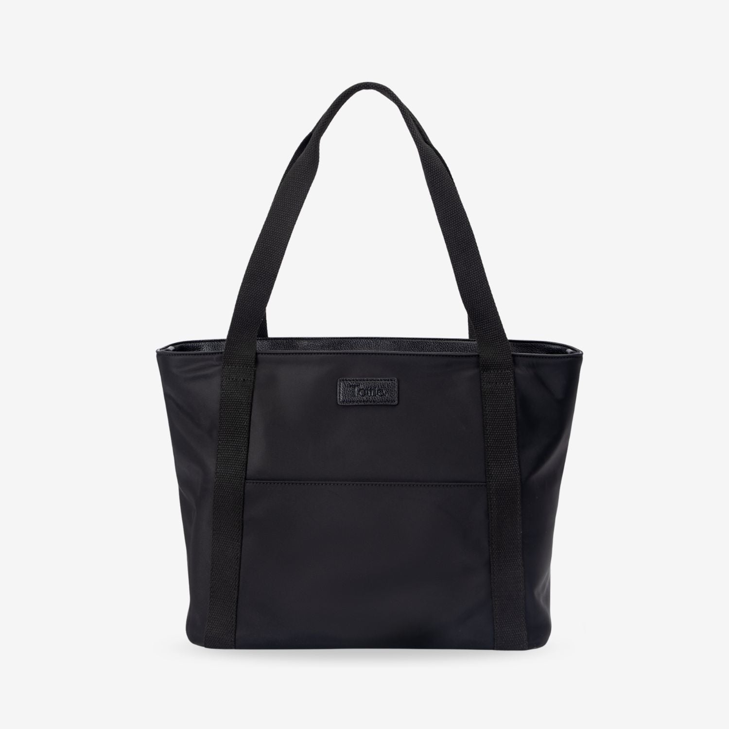 Black nylon tote bag on a white background