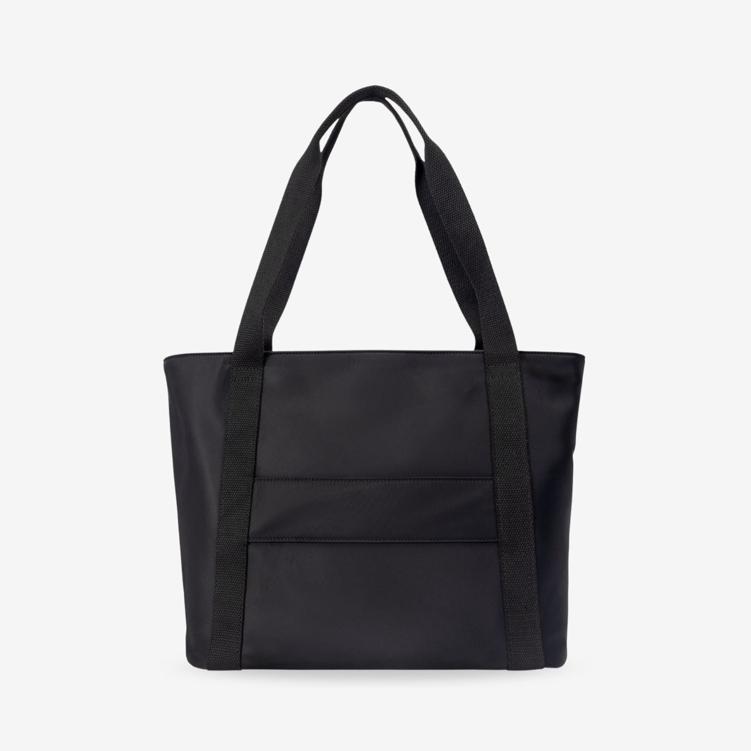Black tote bag with luggage sleeve on a white background
