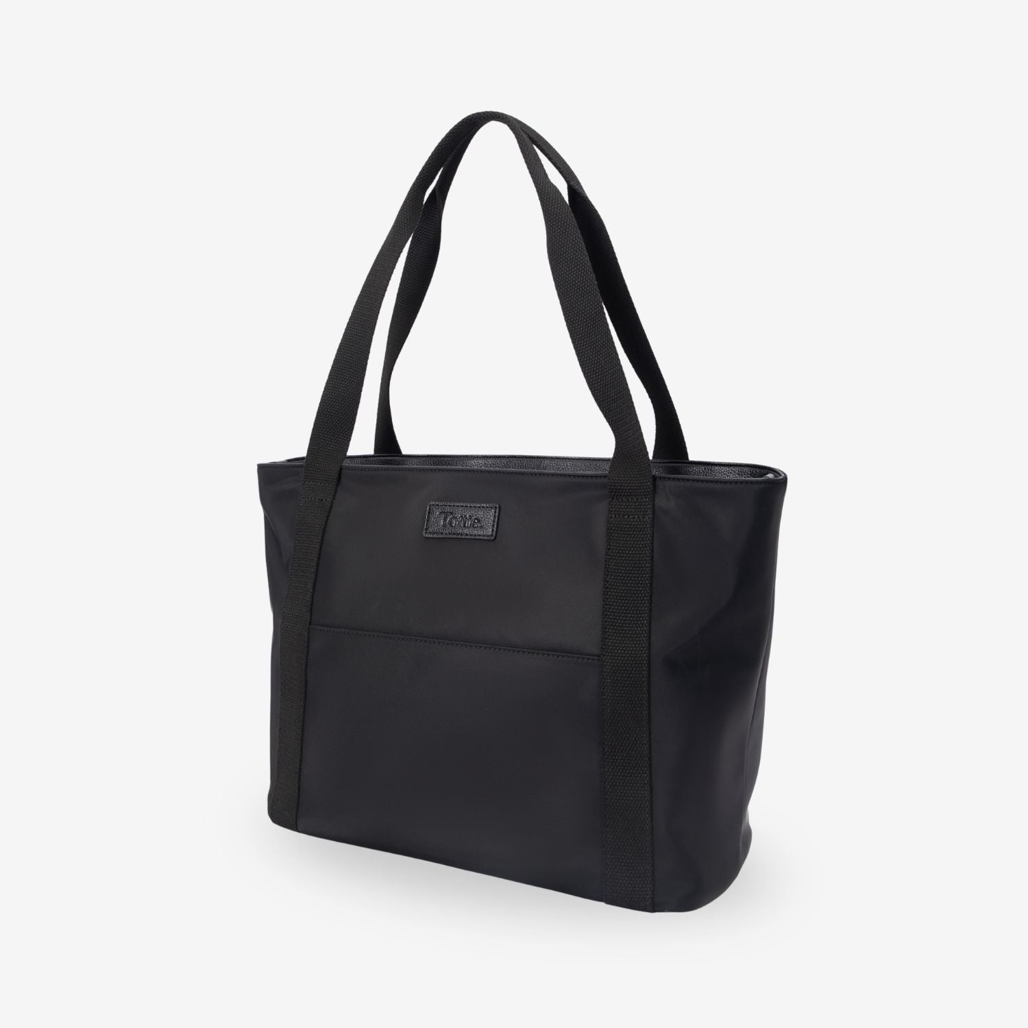 Black nylon tote bag with a visible brand label on a white background