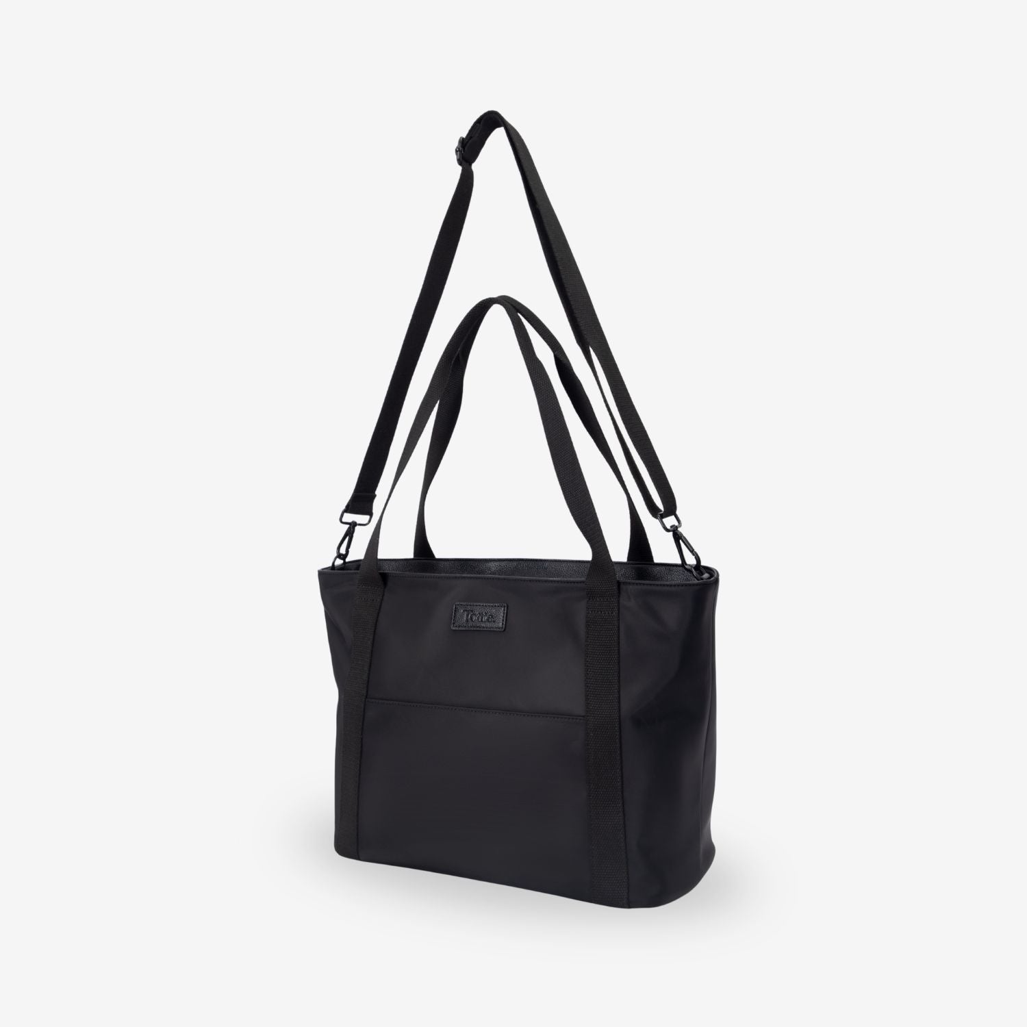 Black tote bag with shoulder strap on a light gray background