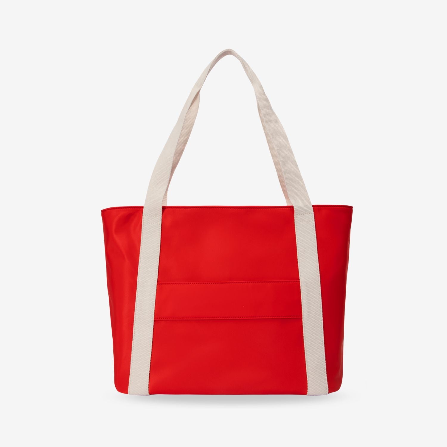 Red nappy tote bag with white straps on a light gray background