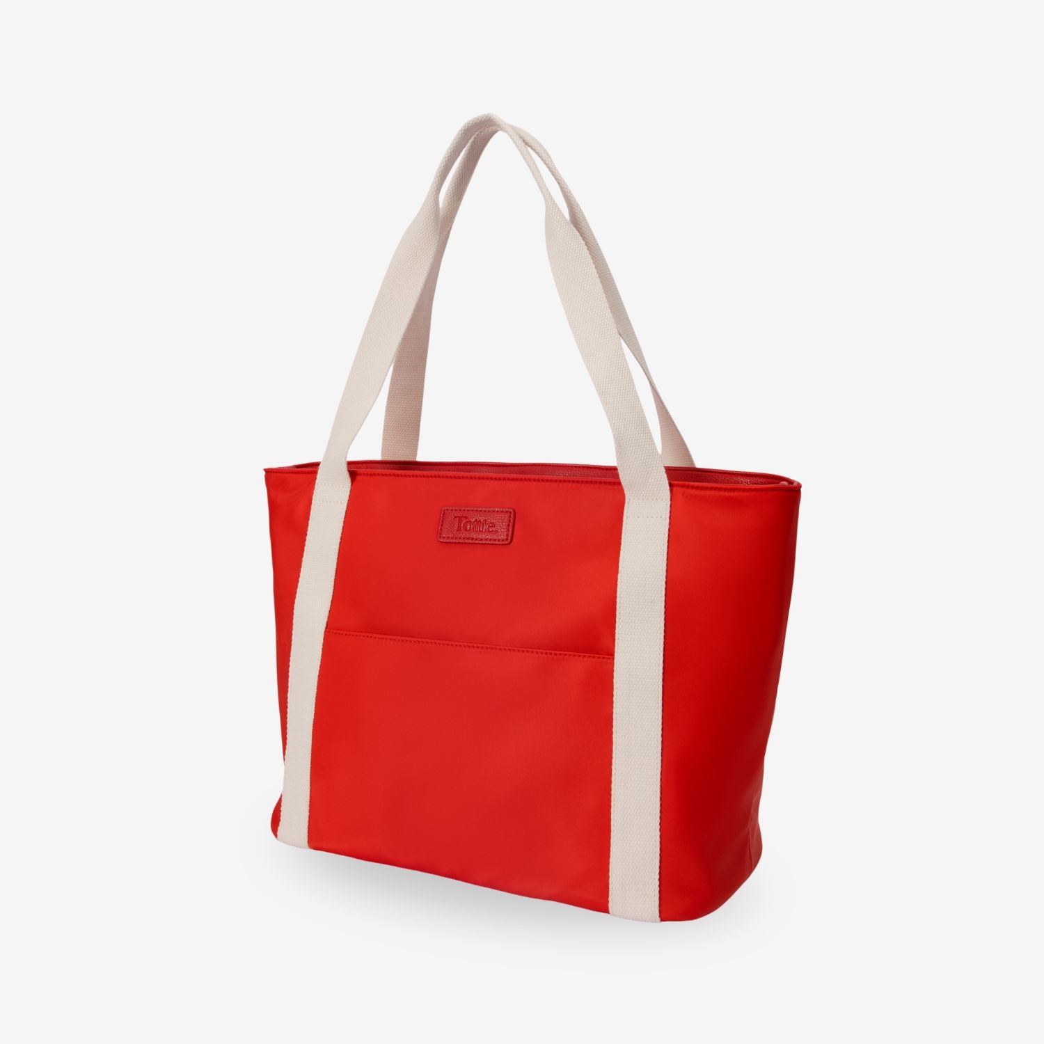 Red tote bag with white straps on a light gray background