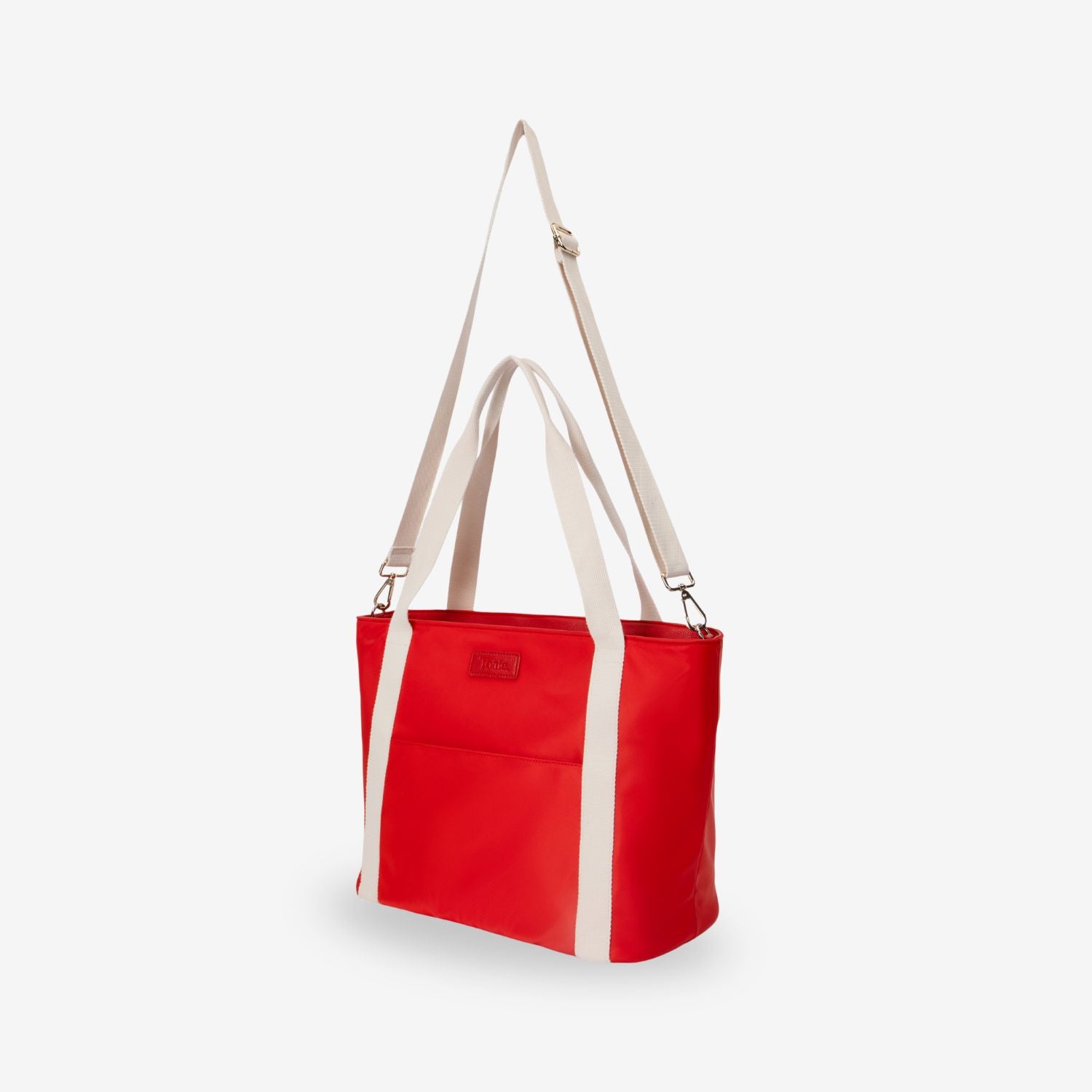 Red nylon tote bag with a white strap on a light gray background