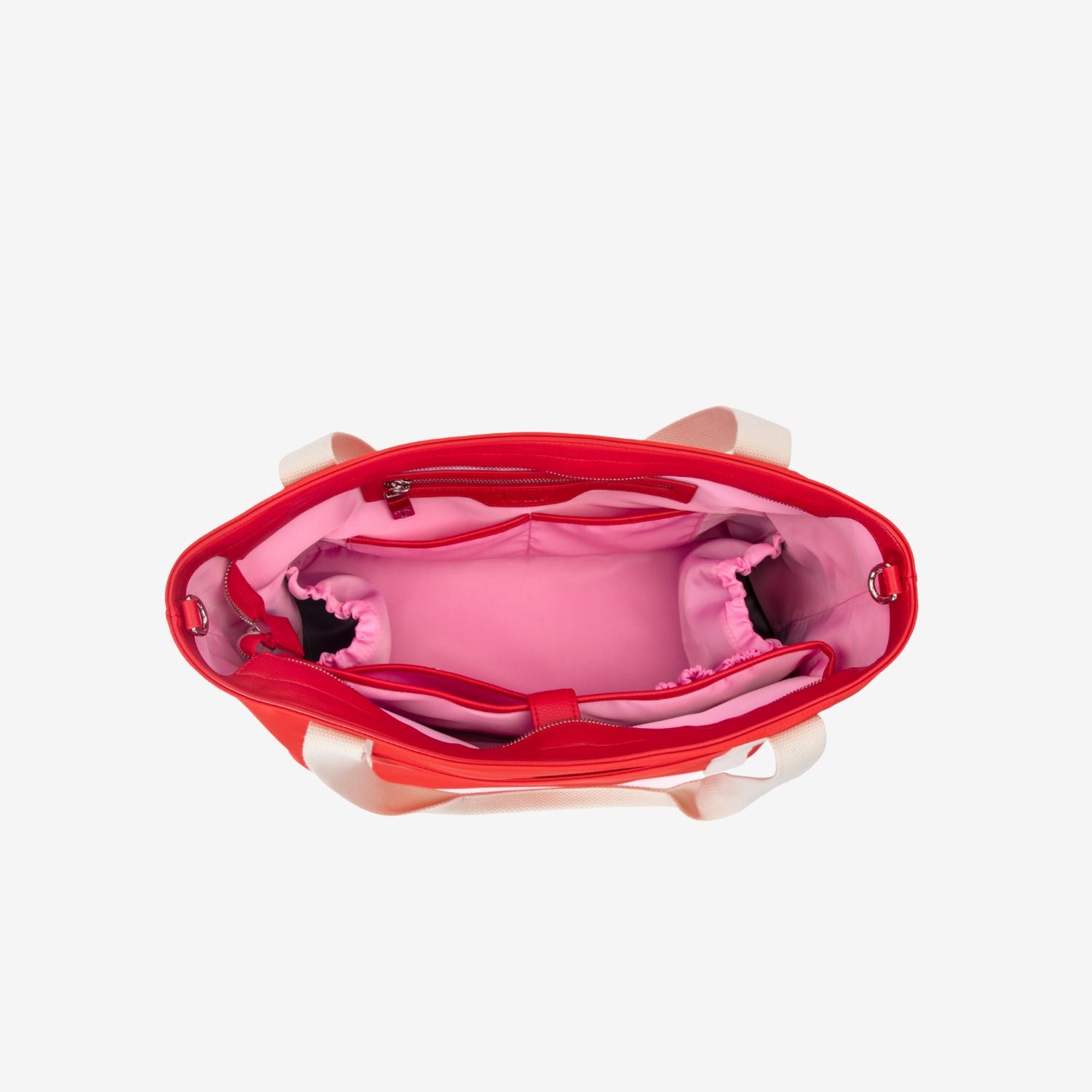 Red nylon tote nappy bag with pink interior on a white background