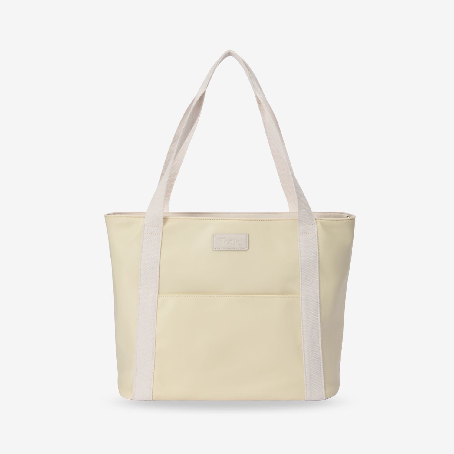 Light yellow tote nappy bag with white straps on a light gray background
