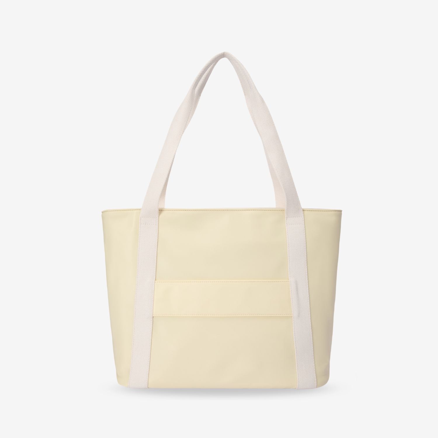 Light yellow tote bag with white handles on a light gray background