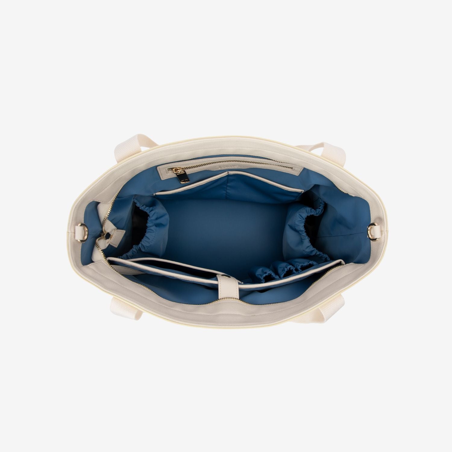 Open nylon tote nappy bag with blue interior on a white background