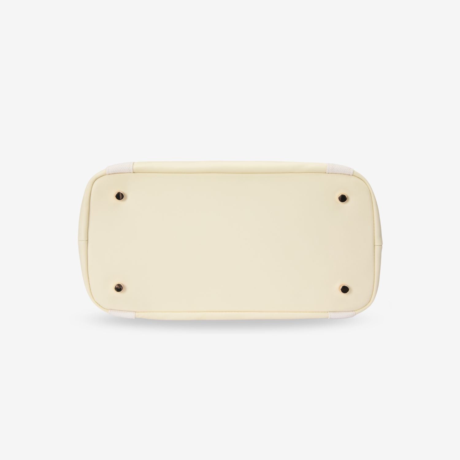 Yellow nylon tote bag's bottom with gold feet on a white background