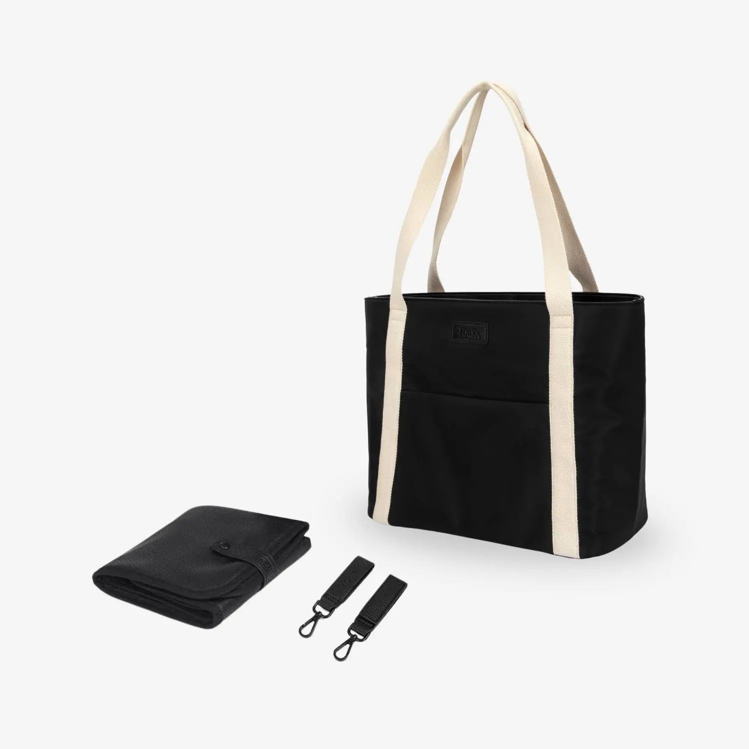 Black nylon tote bag featuring cream strap alongside black baby change mat and pram clips on white background