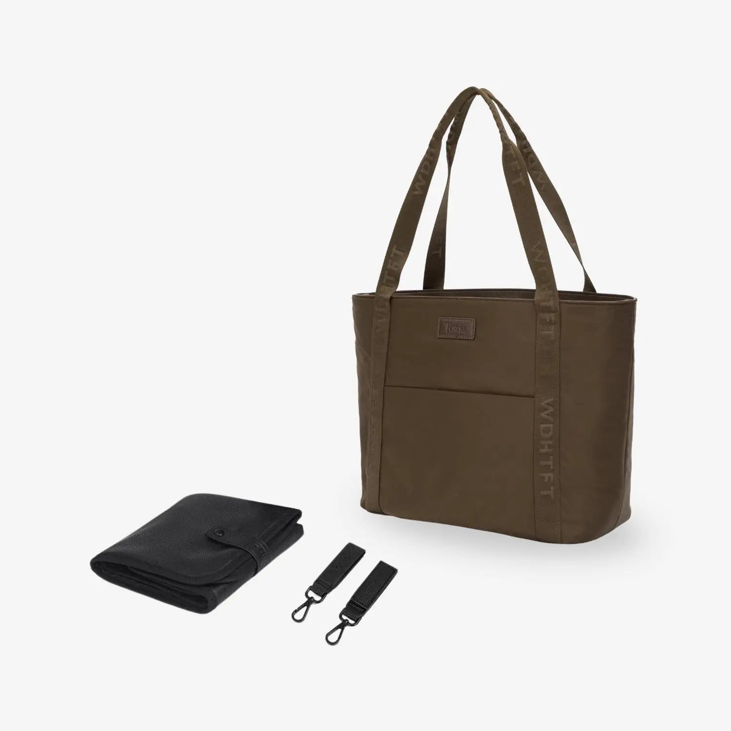 Brown nylon tote bag featuring brown strap alongside black baby change mat and pram clips on white background.