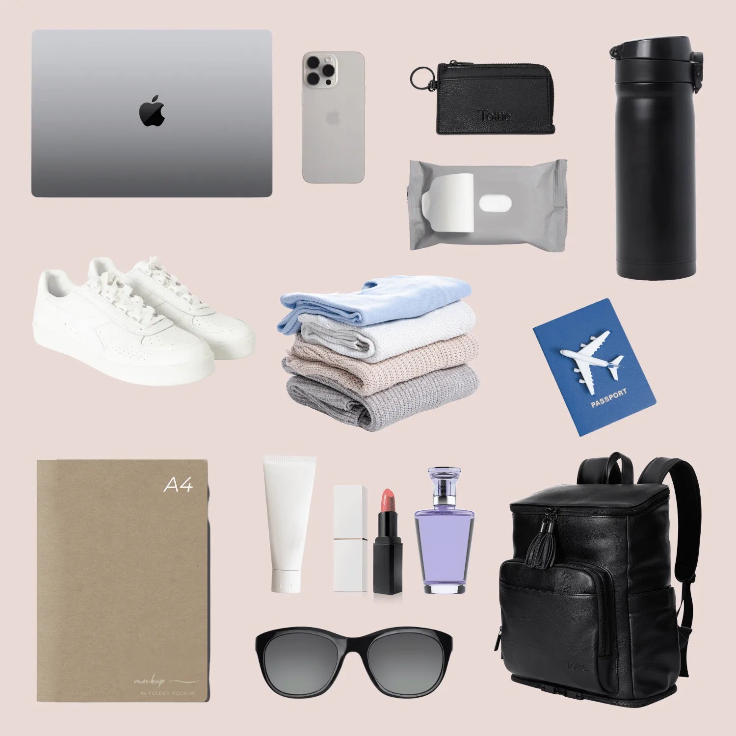 Professional work and travel essentials with black backpack, tech gear, toiletries, and travel documents for efficient packing