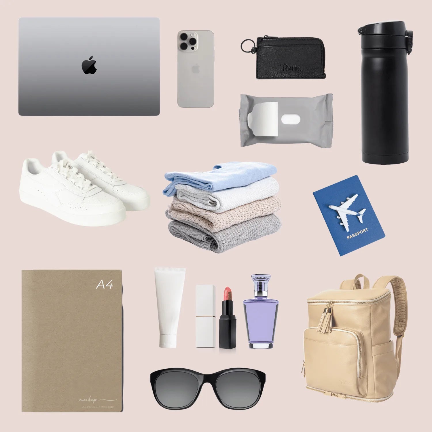 Work and travel essentials featuring laptop, passport, wipes, and a stone-coloured backpack with gold hardware – perfect for organised travel