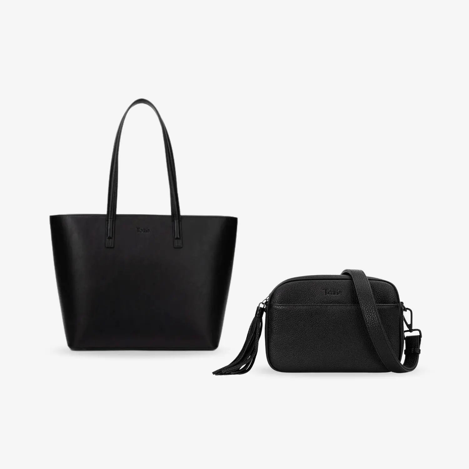 Black work bundle bag with matching black tote and crossbody bag featuring sleek black hardware on white background