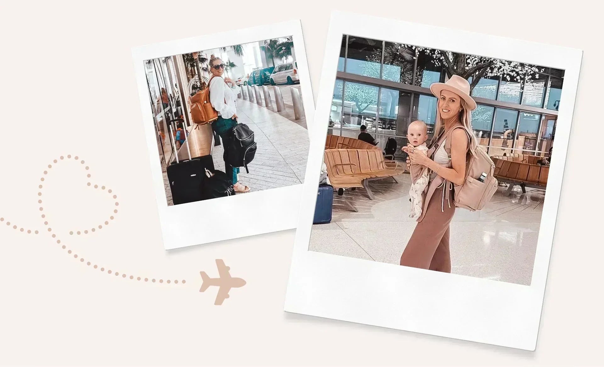 Collage of two photos showing a mum carrying a nappy bag backpack while travelling – practical and stylish for Australian mums on the go.