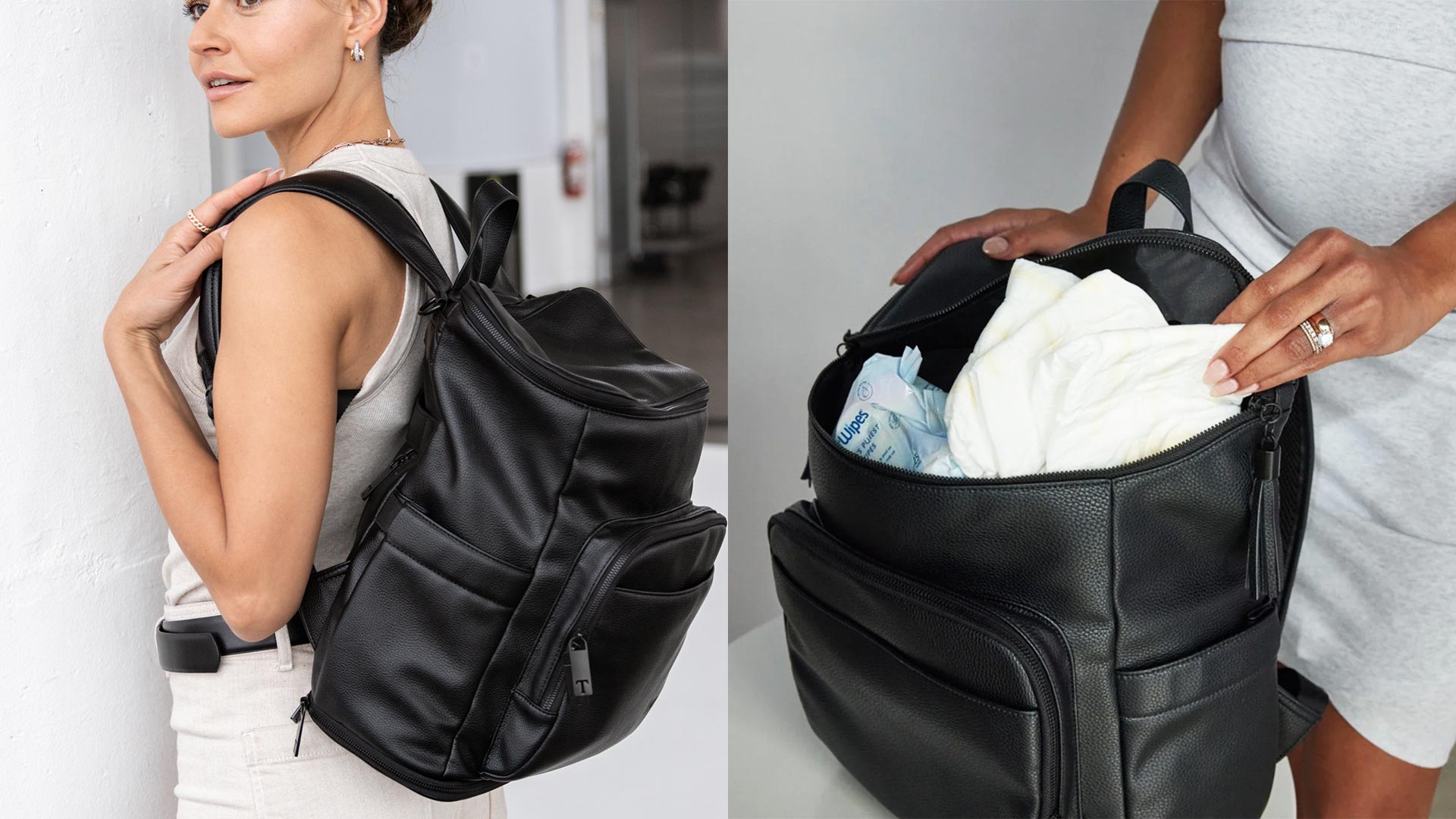 View of how to organise a backpack, with a mum wearing a black nappy bag and its organised compartments.