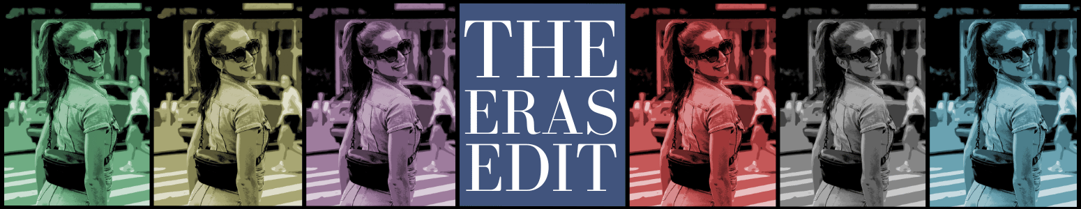 Woman wearing a designer bum bag in multiple colour filters with overlay text ‘The Eras Edit’.