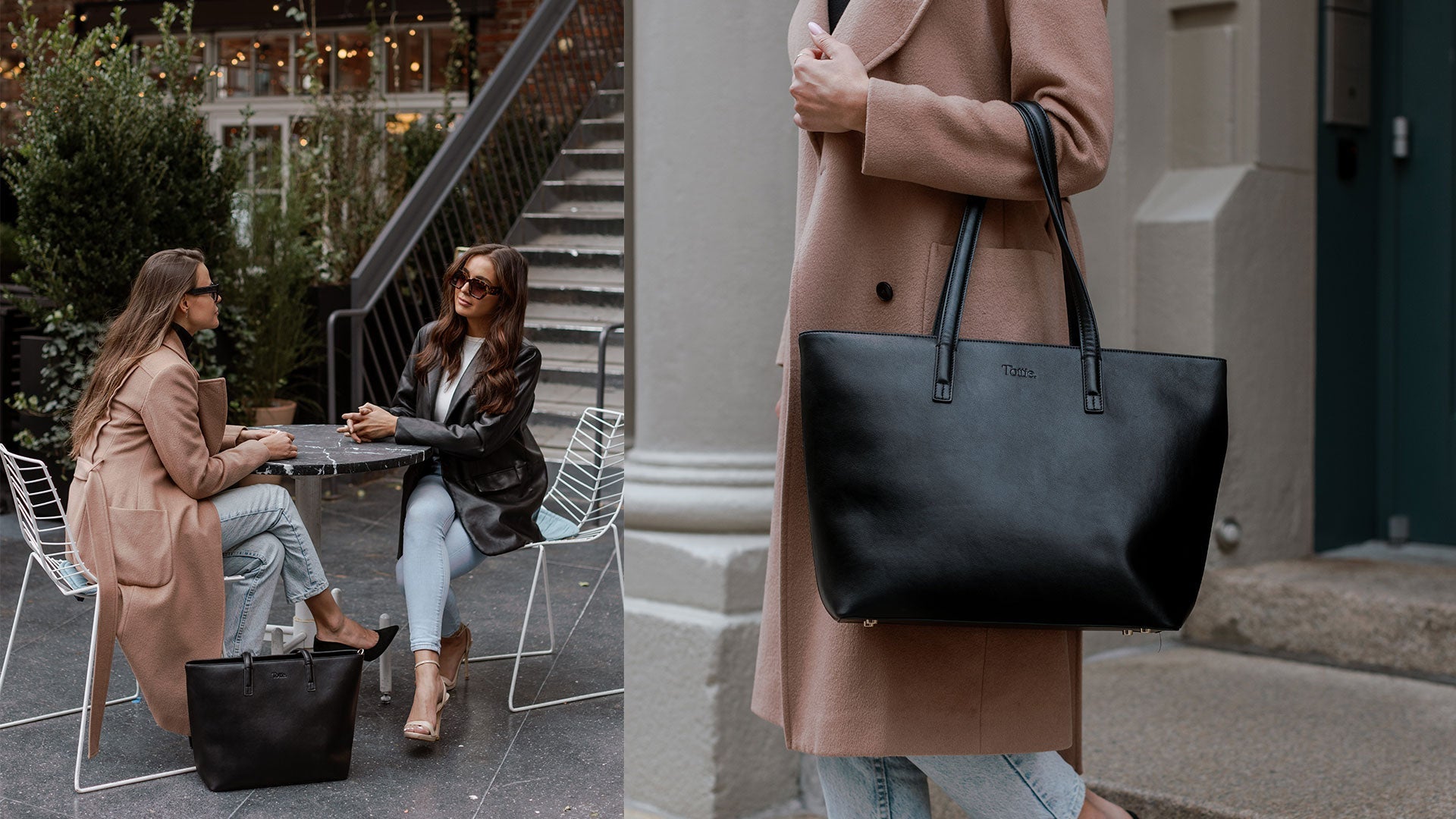 Collage showing a woman in NYC with a black work tote bag and two women at a café with tax-deductible tote work bags for Australian business use.