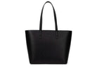 A black leather tote bag on white background