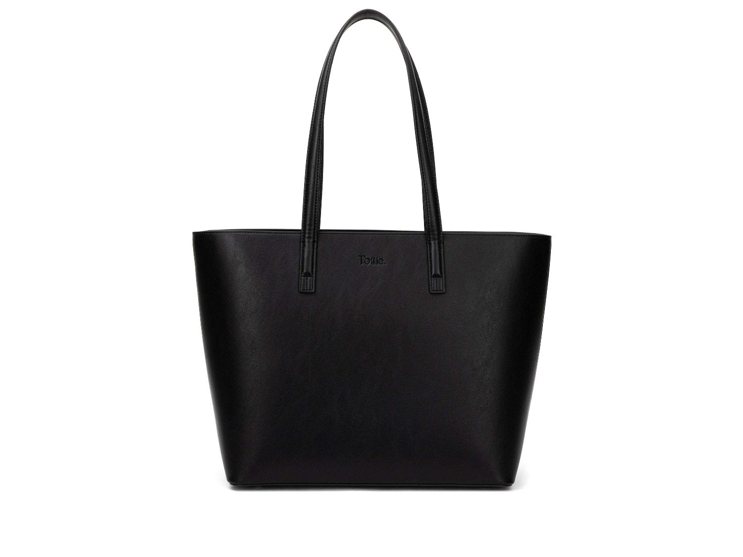A black leather tote bag on white background
