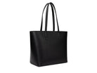 A black leather tote bag on white background