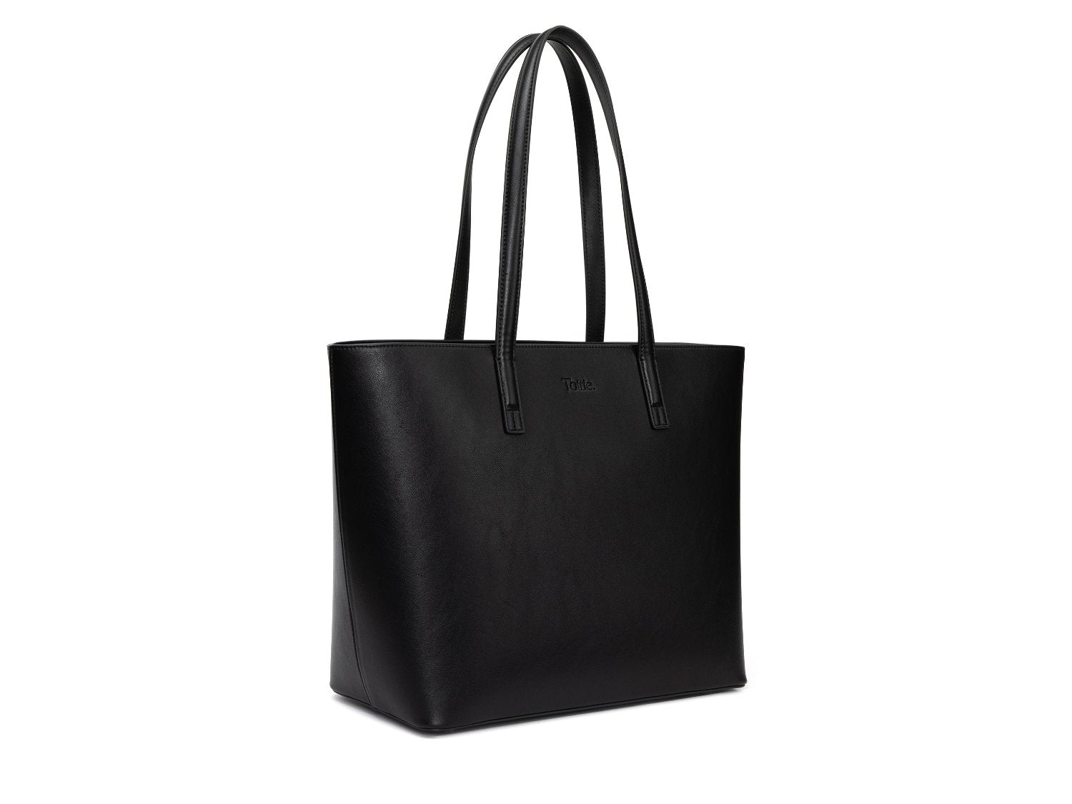 A black leather tote bag on white background