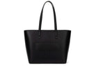 A black leather tote bag on white background