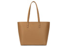 A tan colour leather tote bag on white background