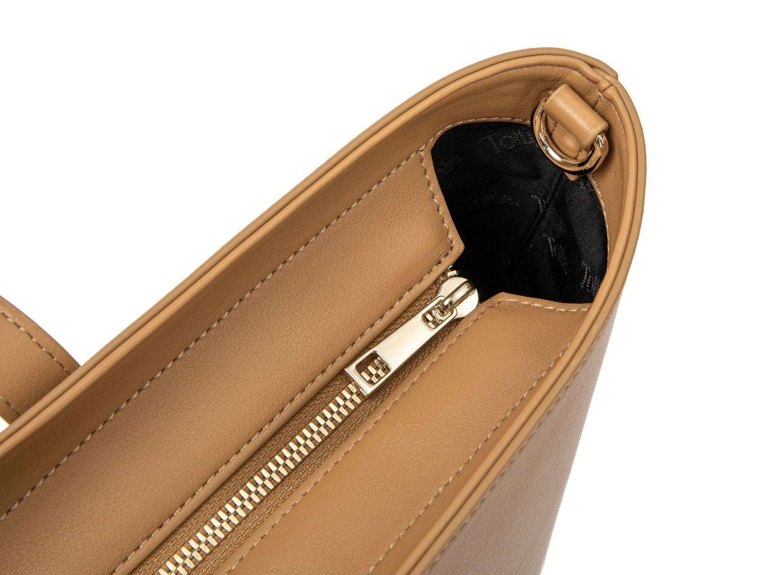 A tan colour leather tote bag on white background