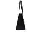 A black leather tote bag on white background
