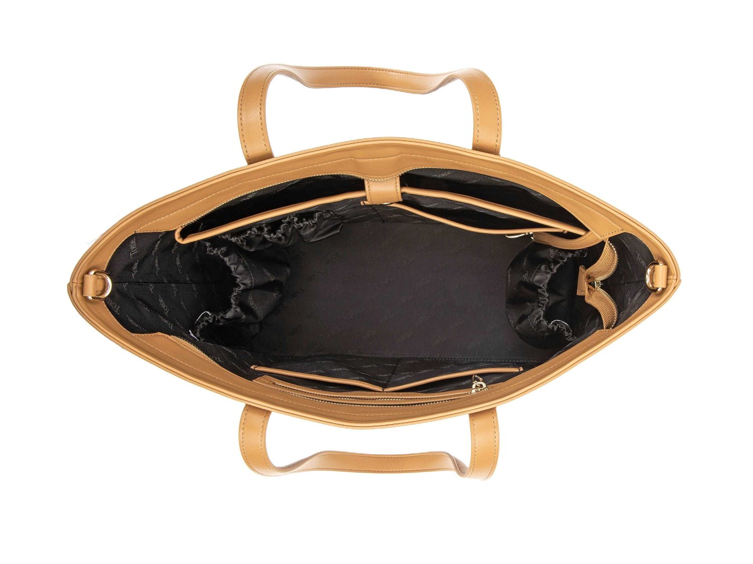 unzipped  tan colour leather tote bag on white background