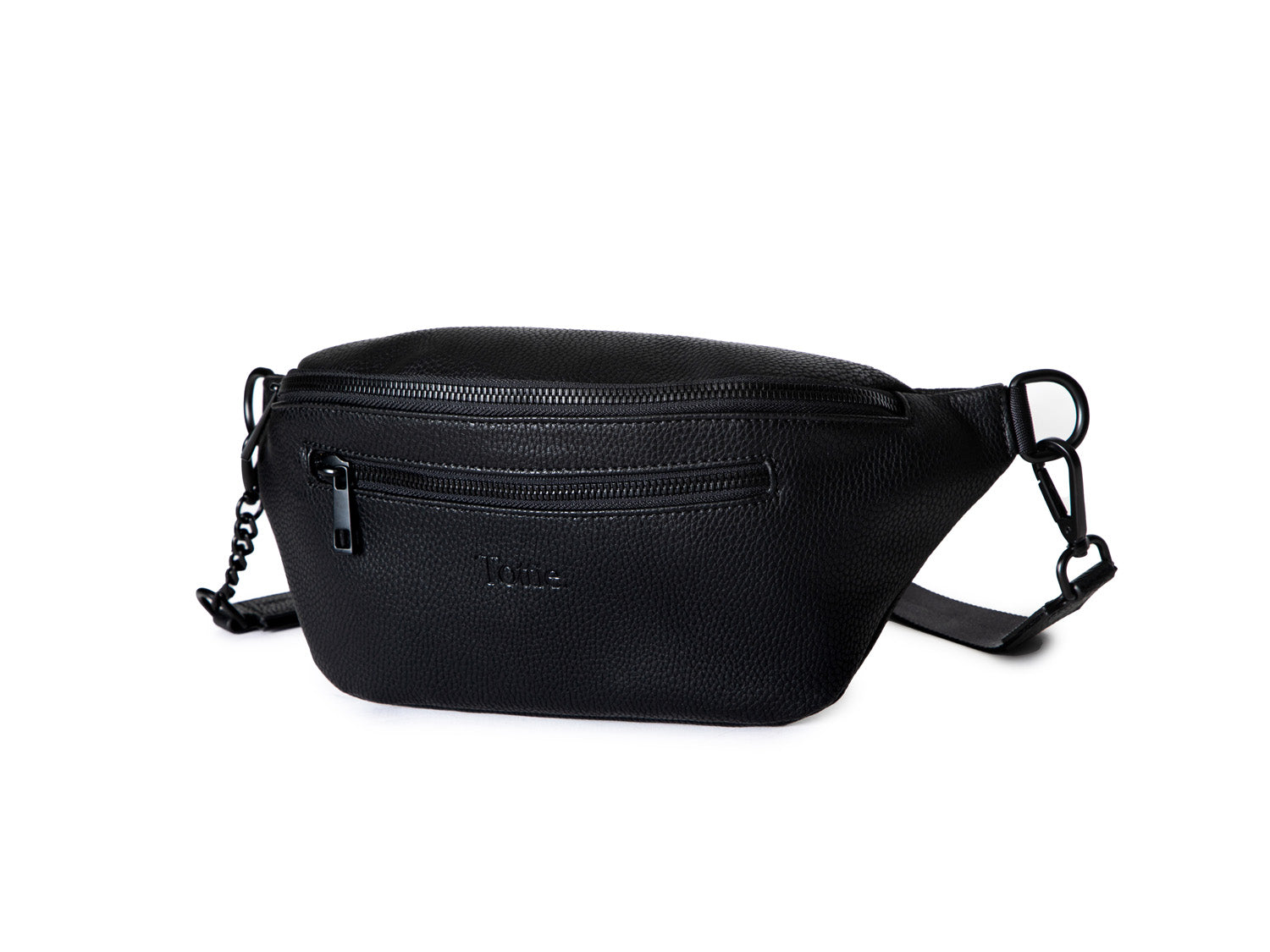 A Bum Bag in black leather with black hardware on white background