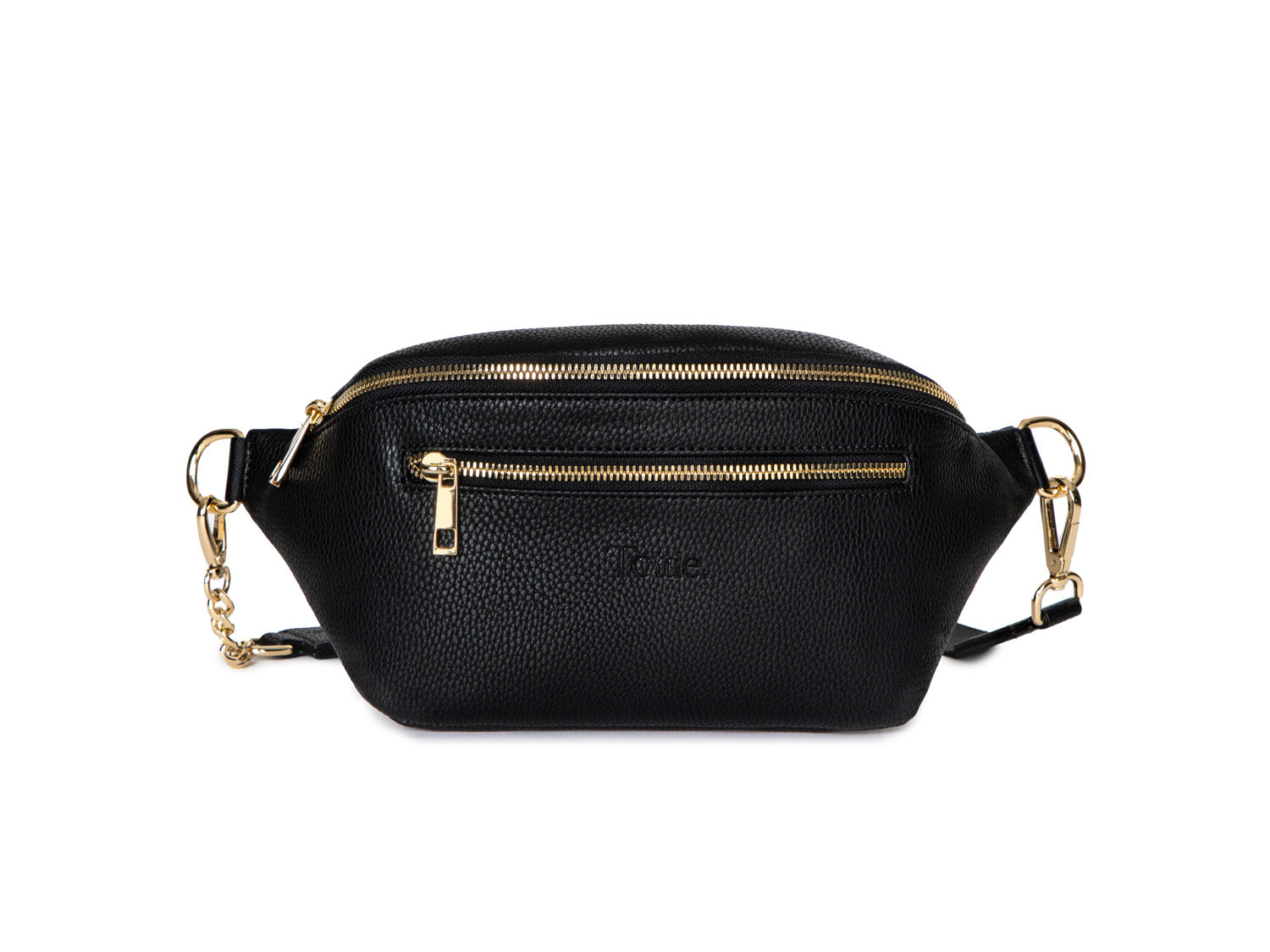 A Bum Bag in black leather with gold hardware on white background