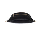 A Bum Bag in black leather with gold hardware on white background