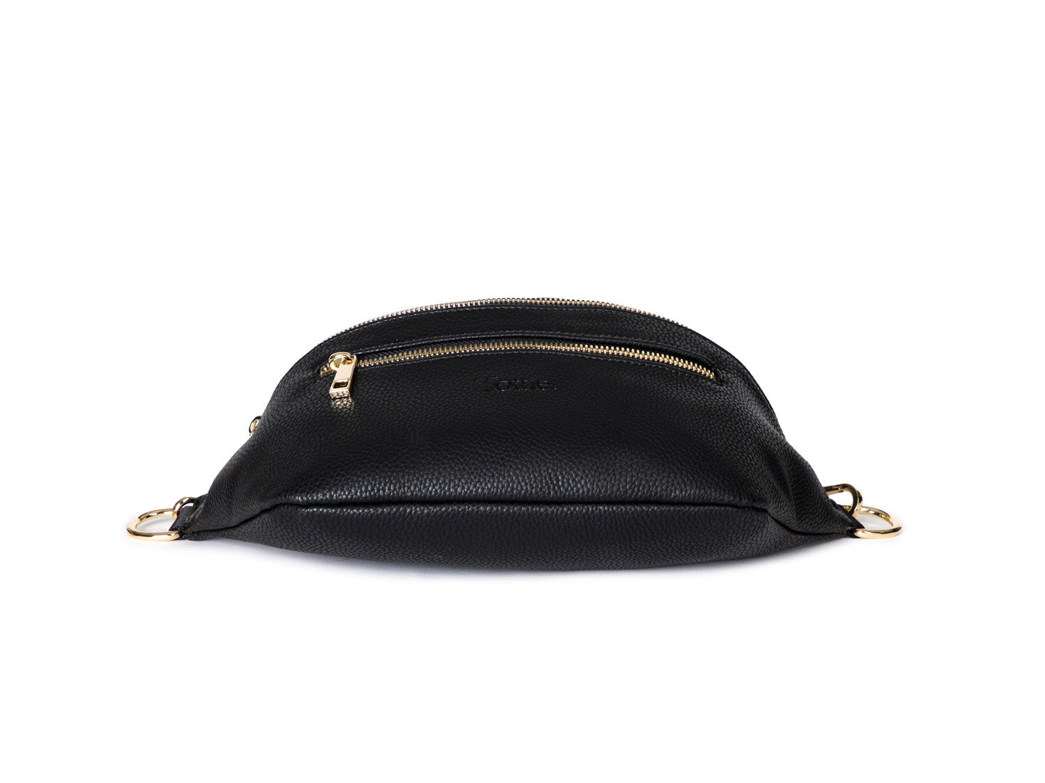 A Bum Bag in black leather with gold hardware on white background